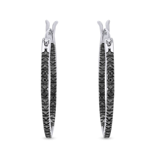 Load image into Gallery viewer, Round Cut Black Natural Diamond Accent Hoop Earrings For Women In 925 Sterling Silver
