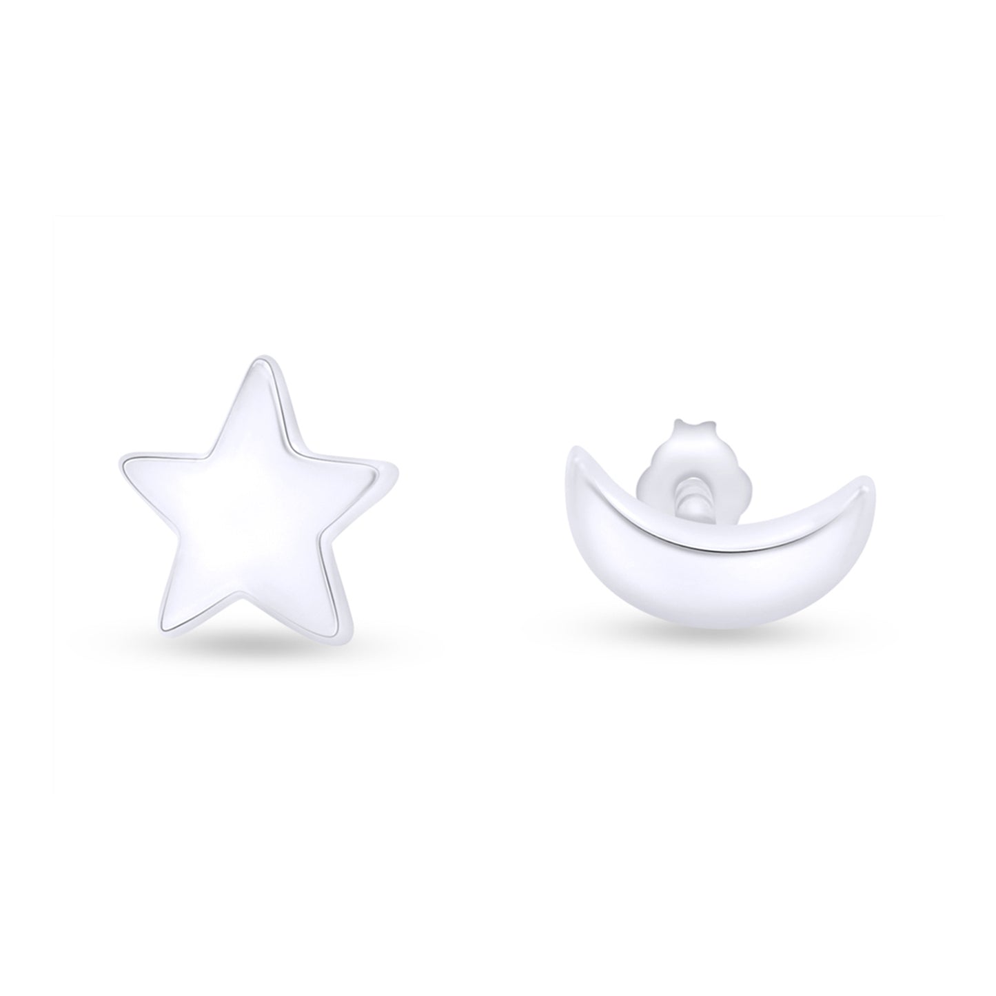 Asymmetry Symbol Moon Star Stud Earrings in 925 Sterling Silver Push Back Jewelry for Women