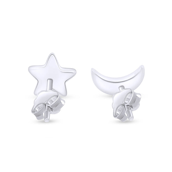 Asymmetry Symbol Moon Star Stud Earrings in 925 Sterling Silver Push Back Jewelry for Women