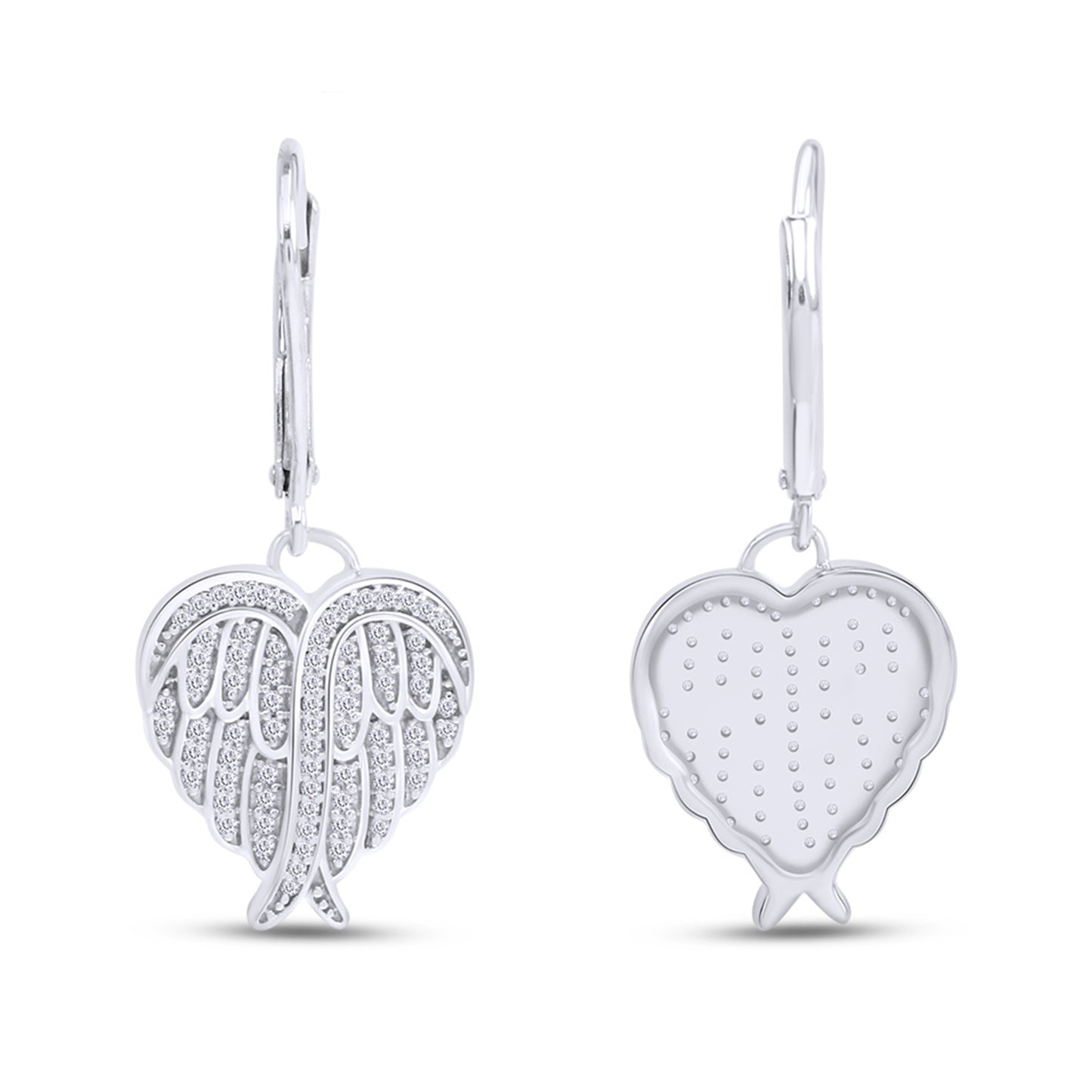 Heart Angel Wing Cubic Zirconia Lever Back Drop Earrings for Women in 925 Sterling Silver