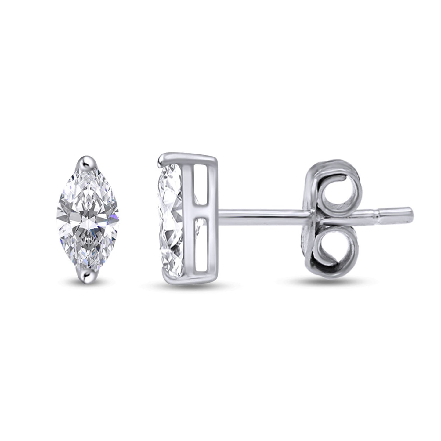 White Cubic Zirconia Marquise Frame Stud Earrings in 925 Sterling Silver with Push Back