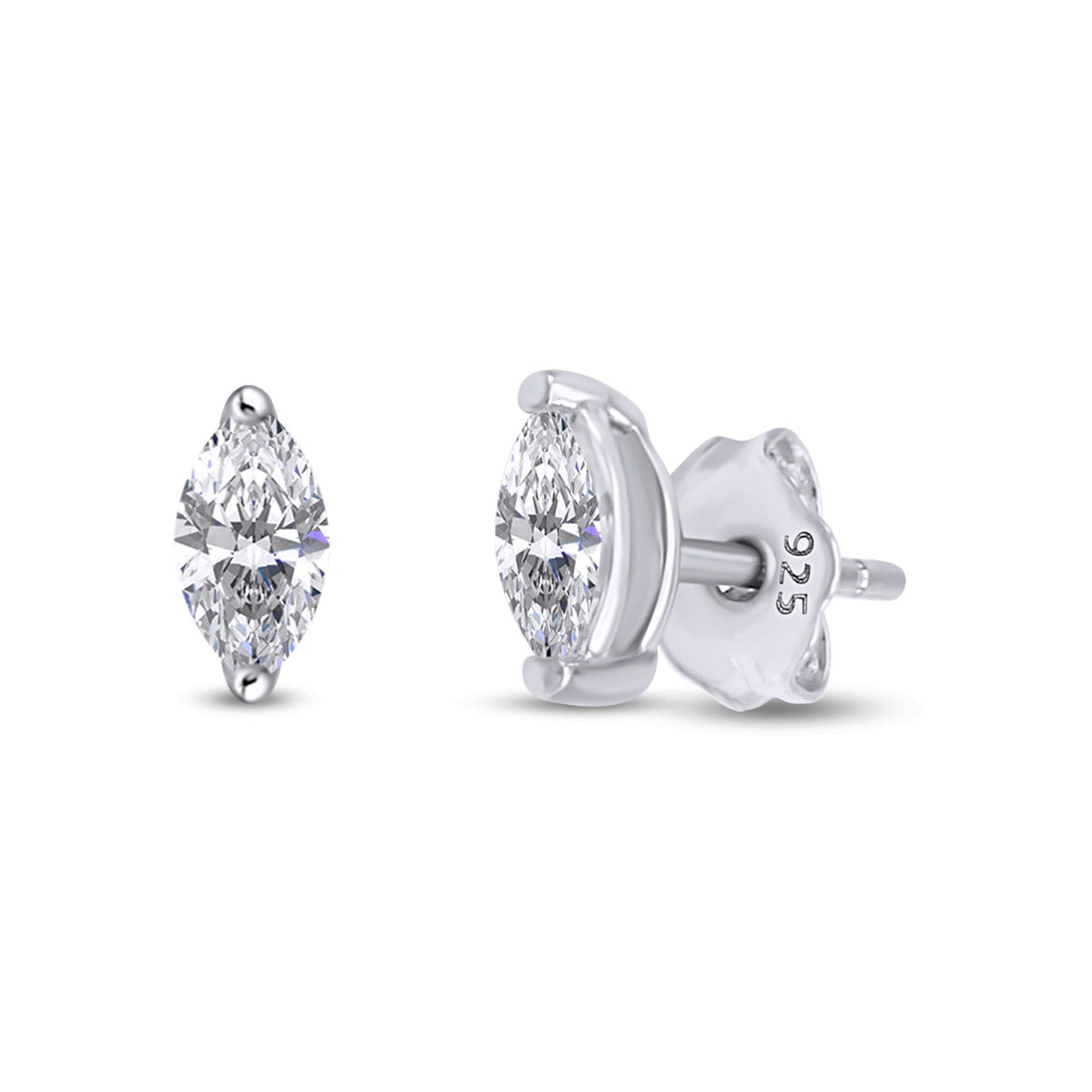 White Cubic Zirconia Marquise Frame Stud Earrings in 925 Sterling Silver with Push Back