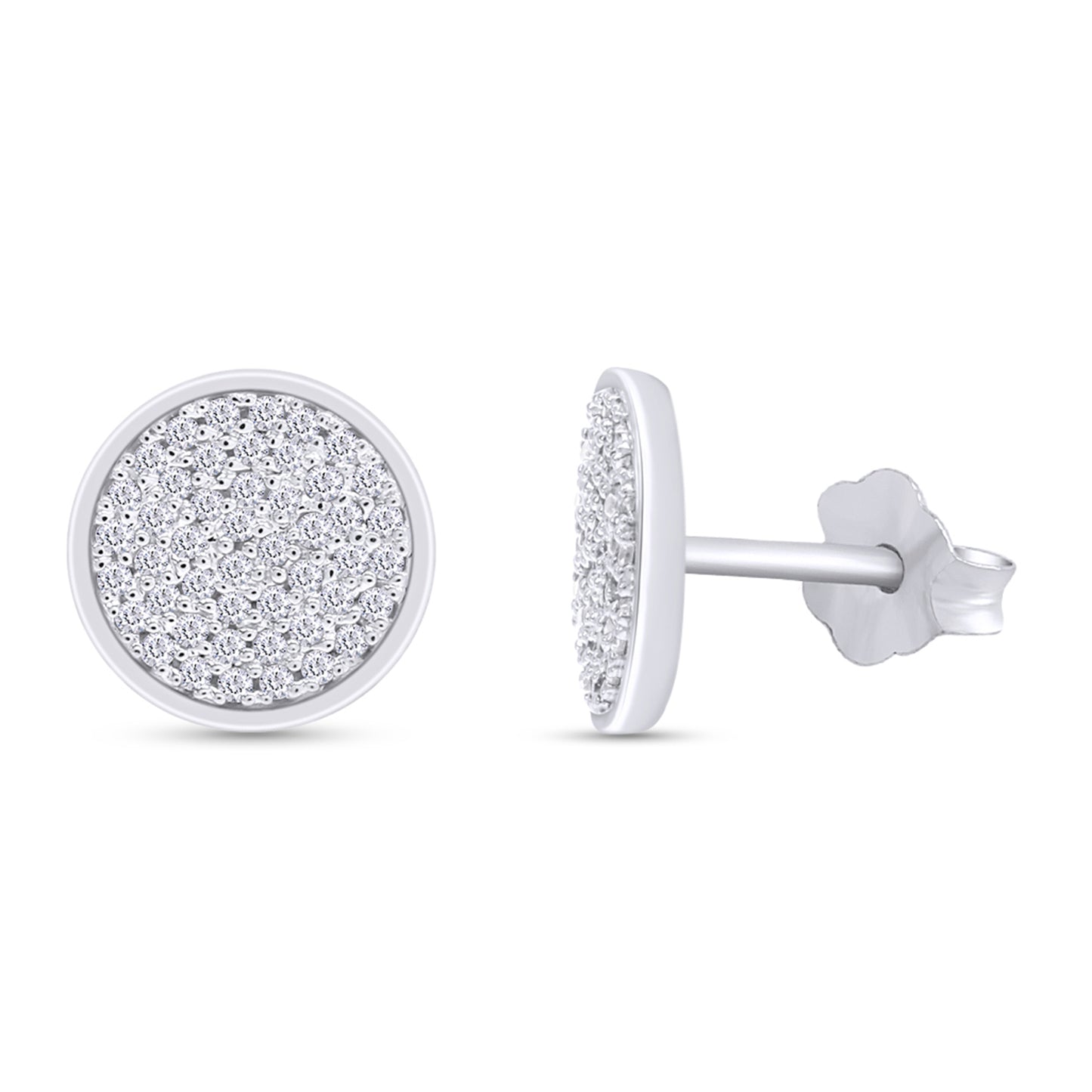 Round Cut White Cubic Zirconia Flat Disc Stud Earrings For Women In 925 Sterling Silver With Push Back