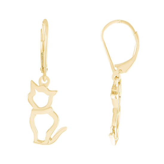 Kitty Cat Leverback Post Dangle Earrings for Women in 925 Sterling Silver