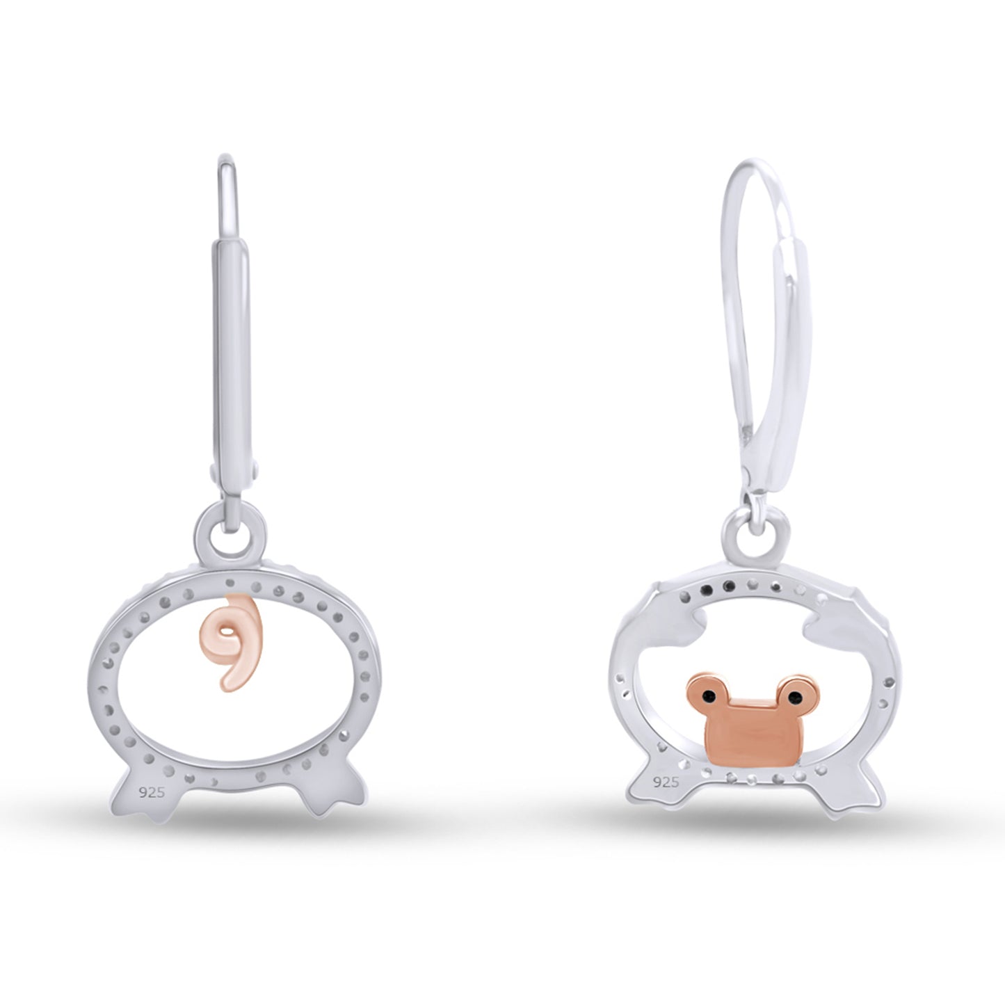 Round Cut Enhanced Black & White Natural Diamond Accent Pig Lever Back Dangle Earrings For Women In 925 Sterling Silver (0.03 Cttw)