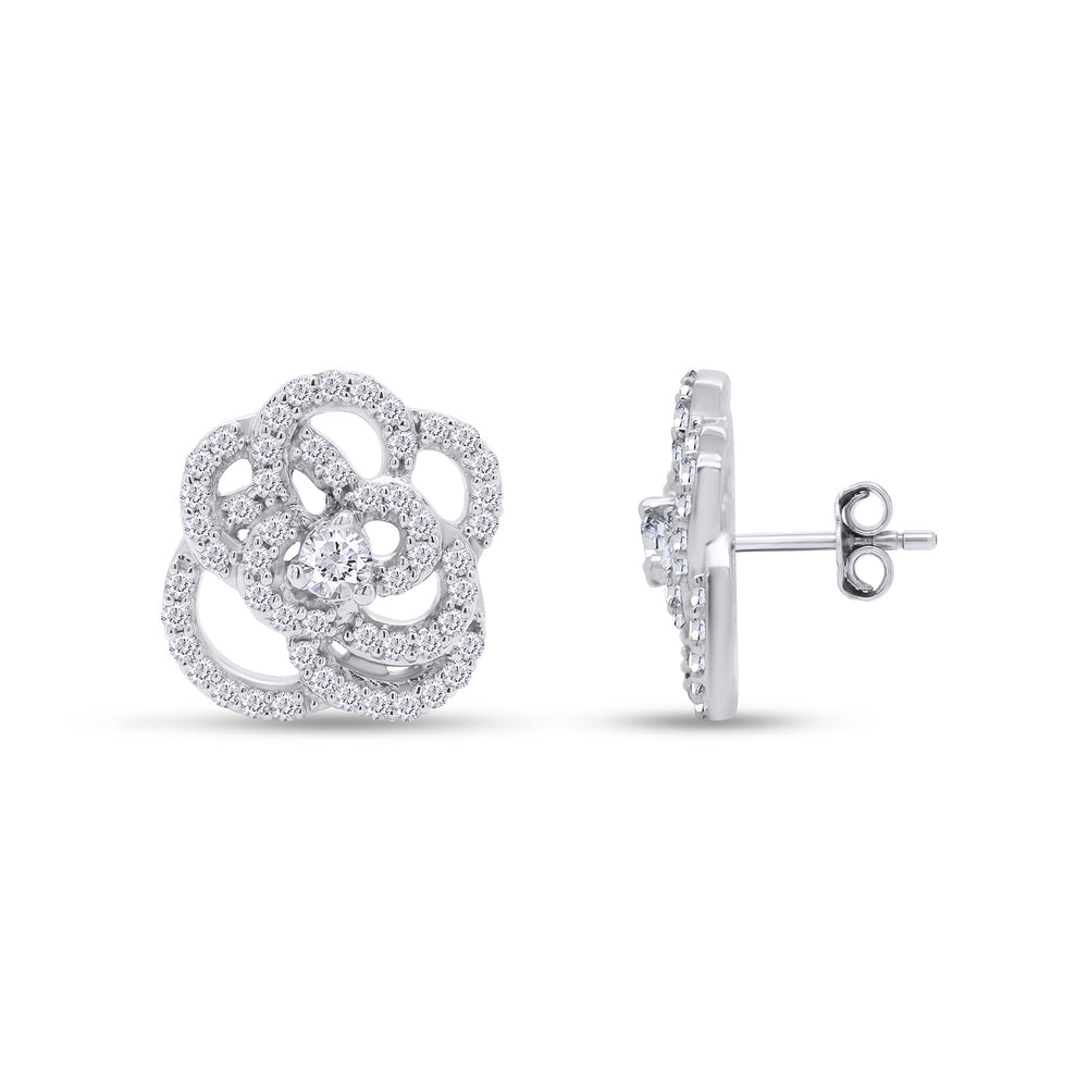 Round Cut Cubic Zirconia Open Rose Flower Stud Earrings for Women in 925 Sterling Silver With Push Back