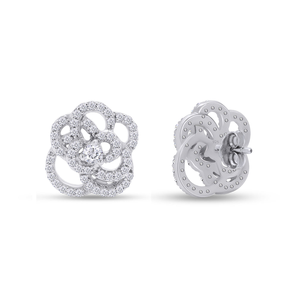 
                      
                        Round Cut Cubic Zirconia Open Rose Flower Stud Earrings for Women in 925 Sterling Silver With Push Back
                      
                    