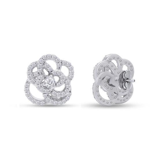 Round Cut Cubic Zirconia Open Rose Flower Stud Earrings for Women in 925 Sterling Silver With Push Back