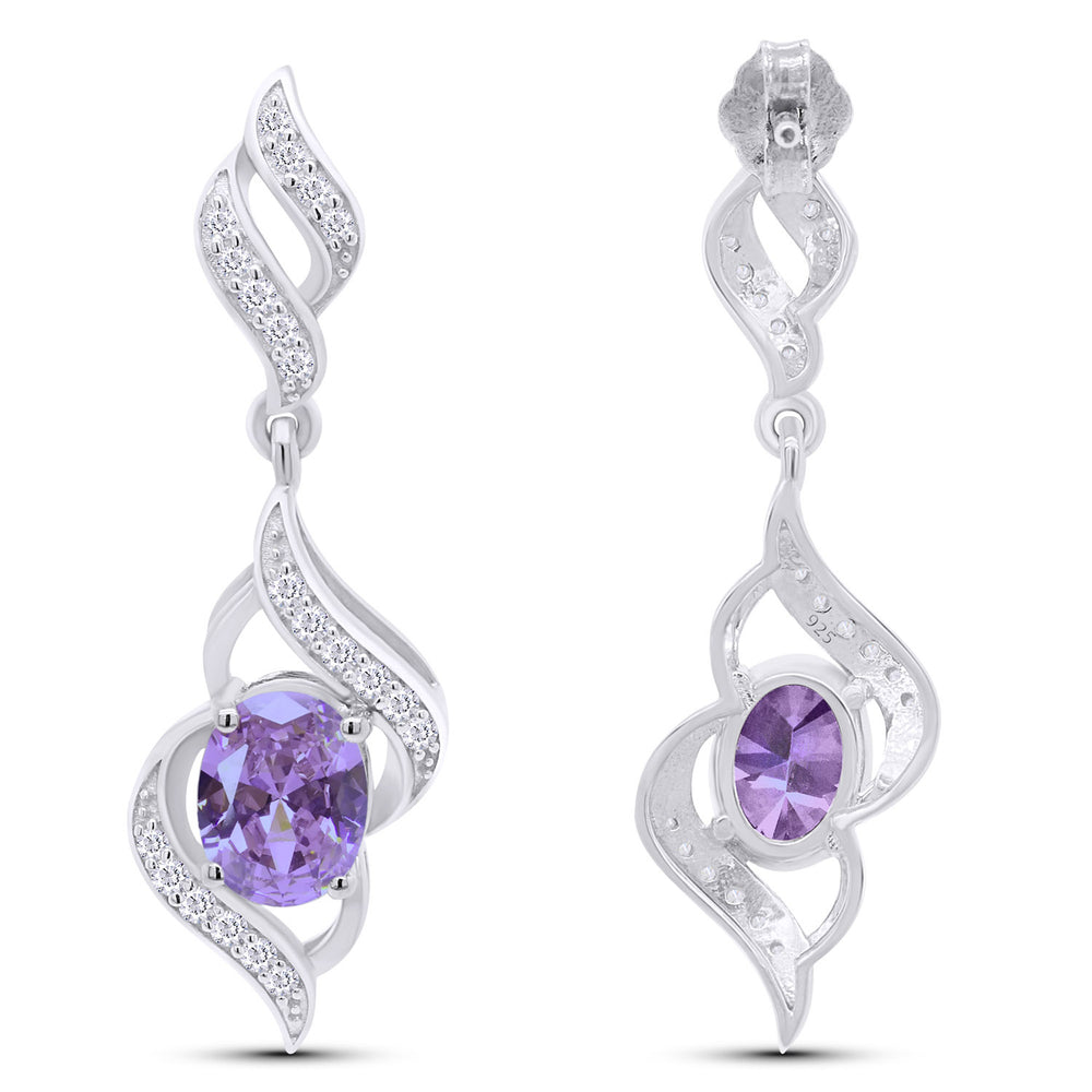 
                      
                        Oval Cut Simulated Birthstone & Round White Cubic Zirconia Swirl Dangle Earrings For Women In 925 Sterling Silver
                      
                    