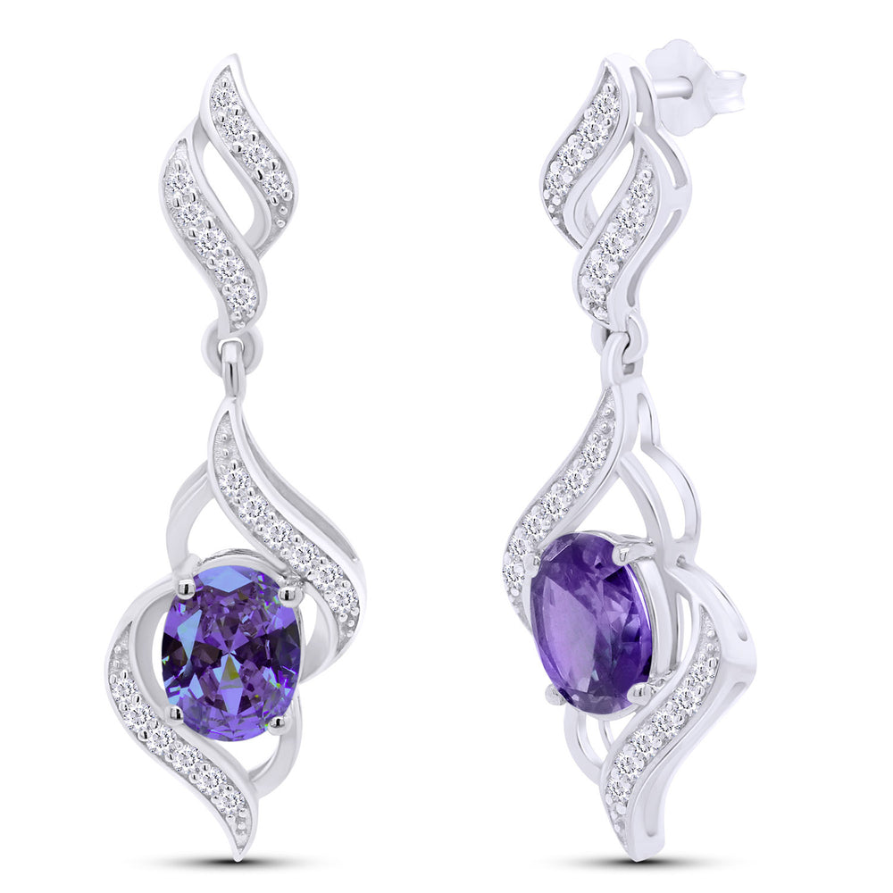 
                      
                        Oval Cut Simulated Birthstone & Round White Cubic Zirconia Swirl Dangle Earrings For Women In 925 Sterling Silver
                      
                    