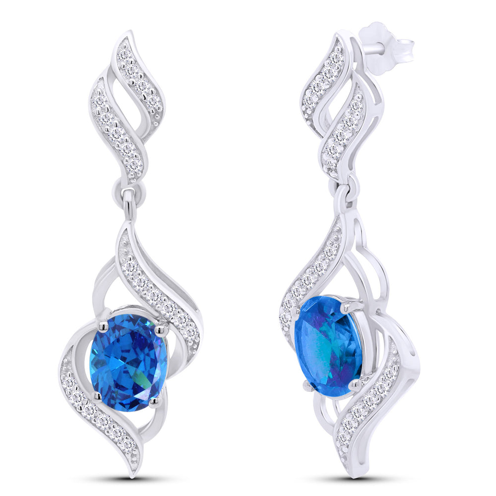 
                      
                        Oval Cut Simulated Birthstone & Round White Cubic Zirconia Swirl Dangle Earrings For Women In 925 Sterling Silver
                      
                    