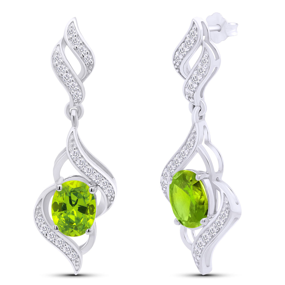 Oval Cut Simulated Birthstone & Round White Cubic Zirconia Swirl Dangle Earrings For Women In 925 Sterling Silver