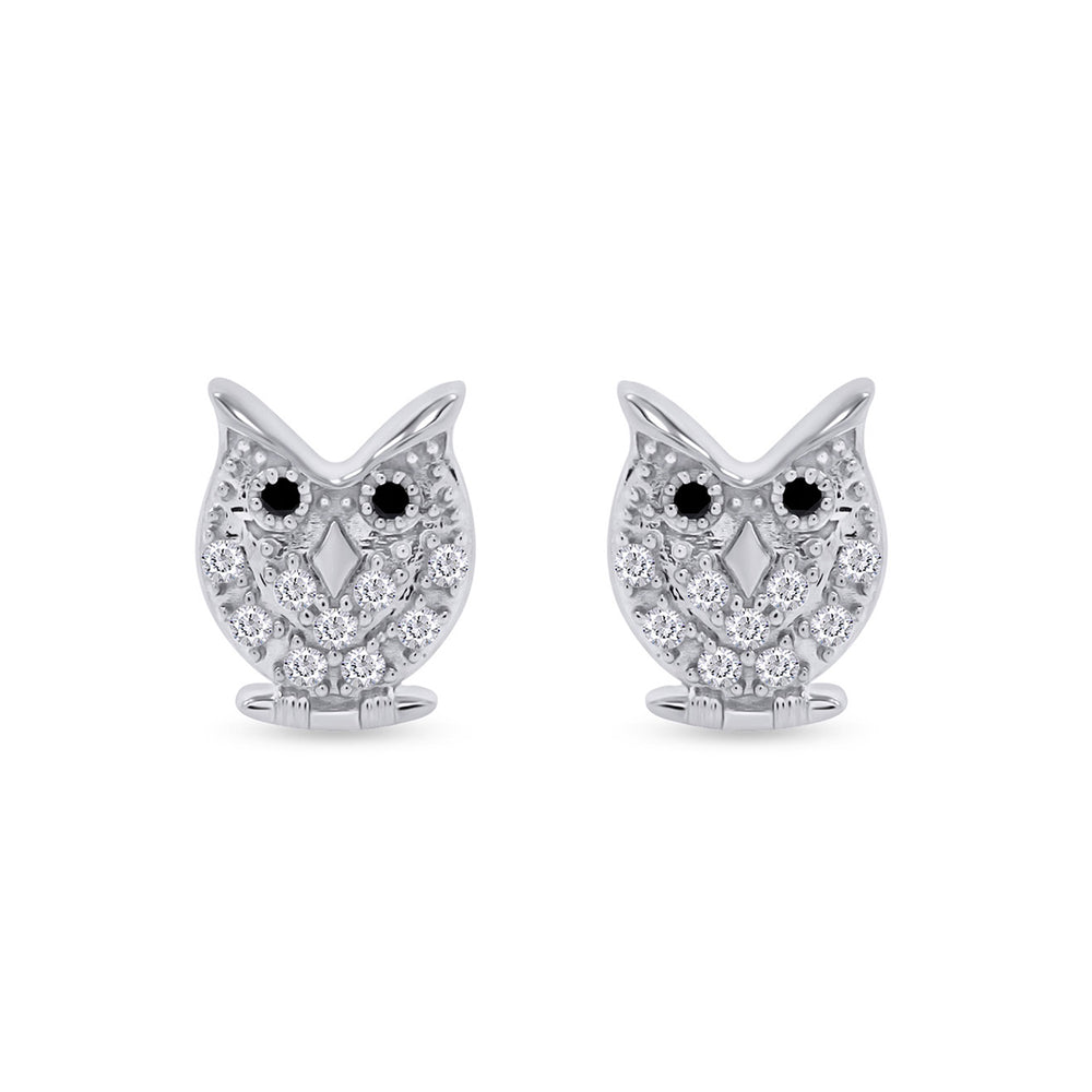 
                      
                        Round Shape White & Black Cubic Zirconia Owl Stud Earrings in 925 Sterling Silver
                      
                    