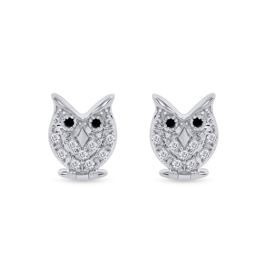 Load image into Gallery viewer, Round Shape White &amp;amp; Black Cubic Zirconia Owl Stud Earrings in 925 Sterling Silver
