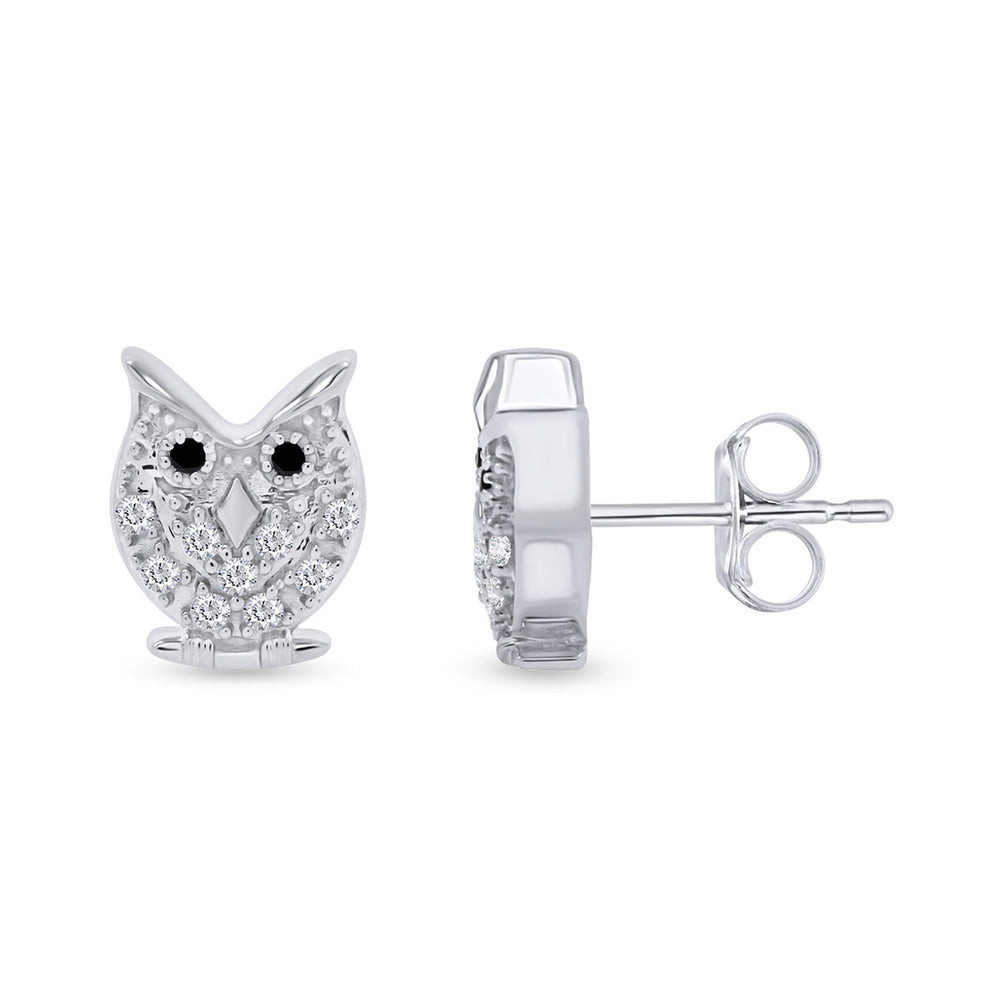 
                      
                        Round Shape White & Black Cubic Zirconia Owl Stud Earrings in 925 Sterling Silver
                      
                    