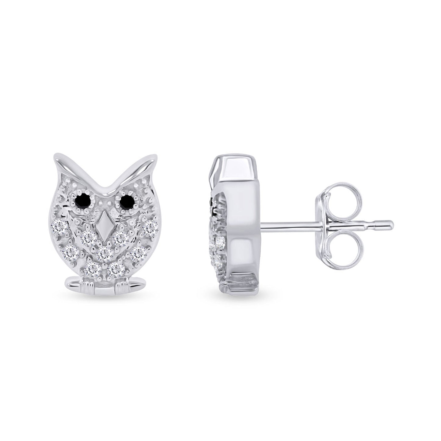 Round Shape White & Black Cubic Zirconia Owl Stud Earrings in 925 Sterling Silver