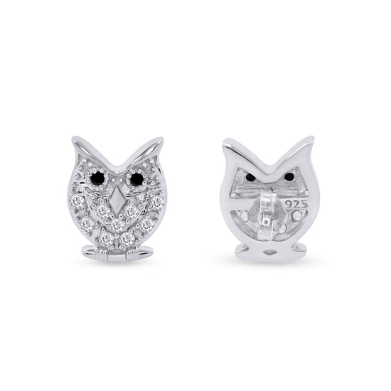 Load image into Gallery viewer, Round Shape White &amp;amp; Black Cubic Zirconia Owl Stud Earrings in 925 Sterling Silver
