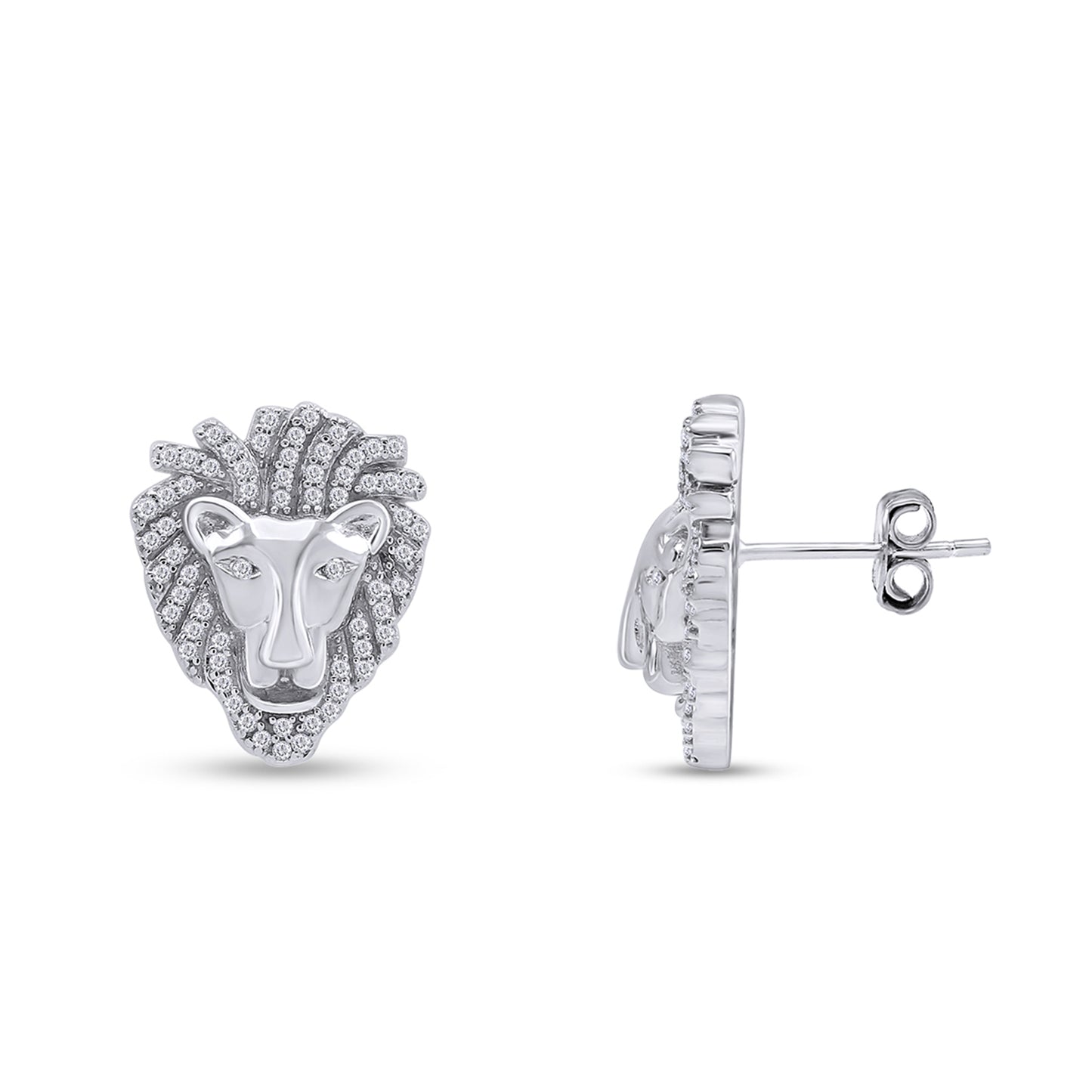 Round Cut White Cubic Zirconia Lion Head Stud Earrings For Mens In 925 Sterling Silver