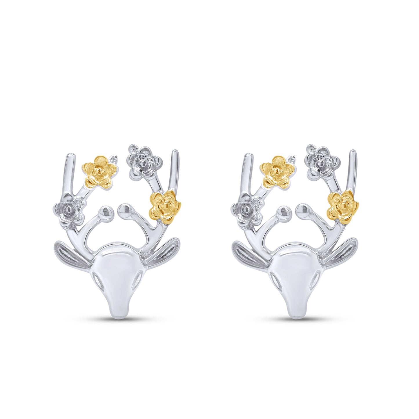 Swamp Deer Animal Two Tone Stud Earrings in 925 Sterling Silver Jewelry Gift for Women