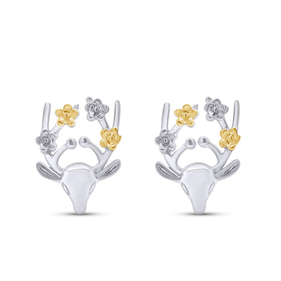 Load image into Gallery viewer, Swamp Deer Animal Two Tone Stud Earrings in 925 Sterling Silver Jewelry Gift for Women
