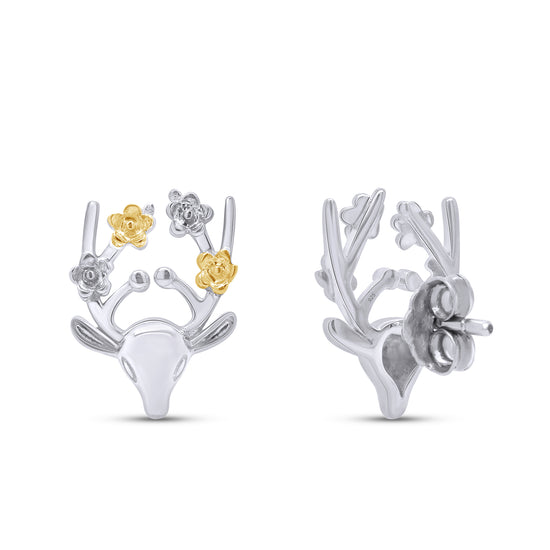 Swamp Deer Animal Two Tone Stud Earrings in 925 Sterling Silver Jewelry Gift for Women