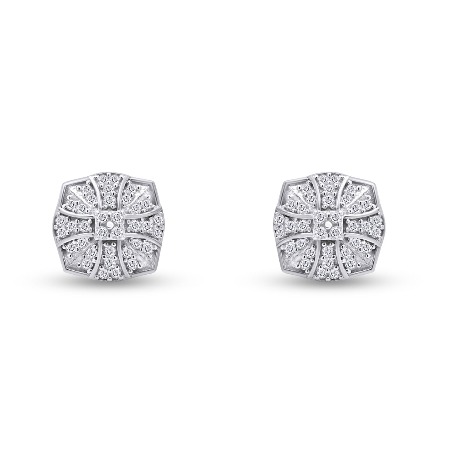 Men's 1/5 CT White Natural Diamond Cross Shield Stud Earrings in 925 Sterling Silver (0.20 Cttw)