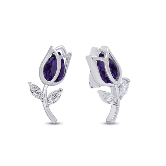 Pear Shape Simulated Birthstone & Marquise Cut White Cubic Zirconia Rose Flower Stud Earrings For Women In 925 Sterling Silver