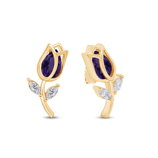 Pear Shape Simulated Birthstone & Marquise Cut White Cubic Zirconia Rose Flower Stud Earrings For Women In 925 Sterling Silver