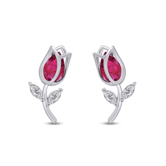 Pear Shape Simulated Birthstone & Marquise Cut White Cubic Zirconia Rose Flower Stud Earrings For Women In 925 Sterling Silver