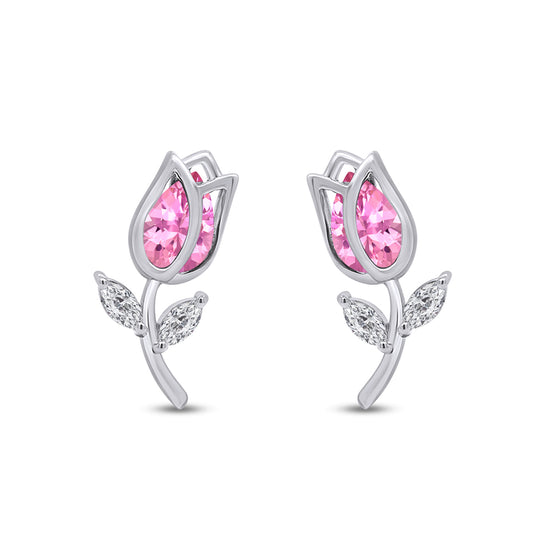 Pear Shape Simulated Birthstone & Marquise Cut White Cubic Zirconia Rose Flower Stud Earrings For Women In 925 Sterling Silver
