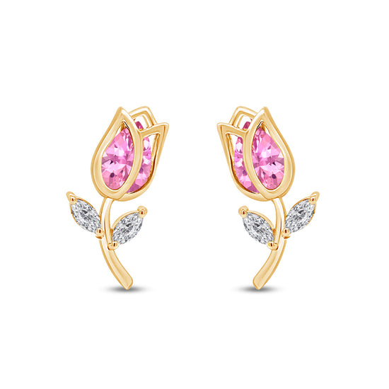 Pear Shape Simulated Birthstone & Marquise Cut White Cubic Zirconia Rose Flower Stud Earrings For Women In 925 Sterling Silver