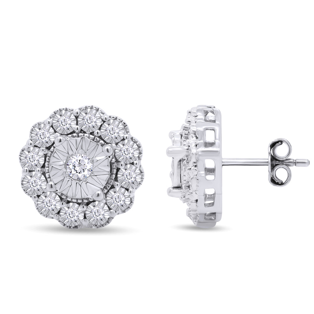 1/3 Carat Round Cut Natural Diamond Miracle Set Flower Stud Earrings in 925 Sterling Silver (0.35 Cttw)