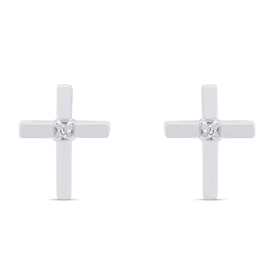 Round Cut Natural Diamond Cross Stud Earrings for Women in 925 Sterling Silver (0.02 Cttw)