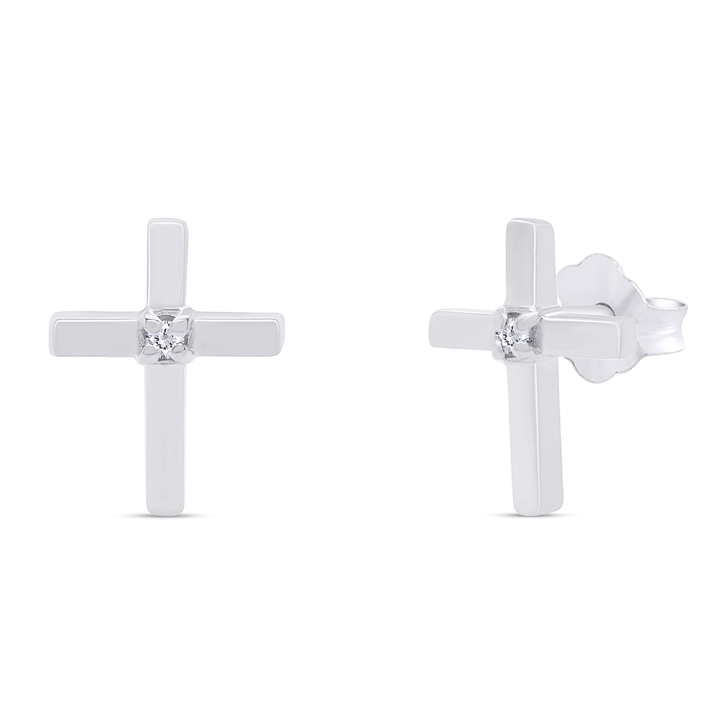 Round Cut Natural Diamond Cross Stud Earrings for Women in 925 Sterling Silver (0.02 Cttw)