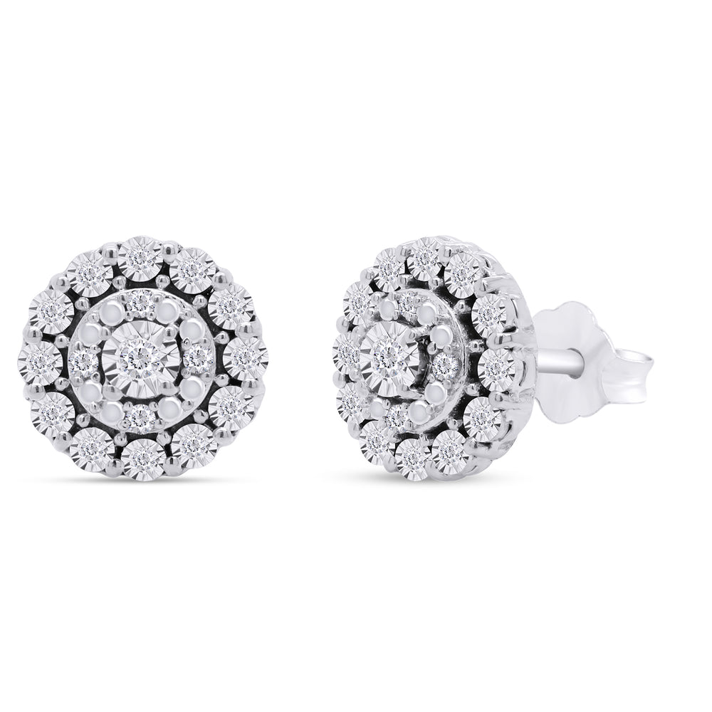 
                      
                        Round Cut White Natural Diamond Halo Cluster Stud Earrings in 925 Sterling Silver (0.10 Cttw)
                      
                    