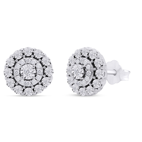 Round Cut White Natural Diamond Halo Cluster Stud Earrings in 925 Sterling Silver (0.10 Cttw)
