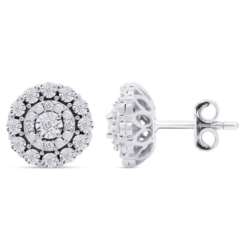 
                      
                        Round Cut White Natural Diamond Halo Cluster Stud Earrings in 925 Sterling Silver (0.10 Cttw)
                      
                    