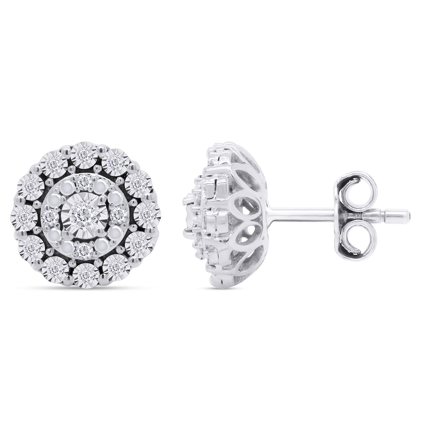 Round Cut White Natural Diamond Halo Cluster Stud Earrings in 925 Sterling Silver (0.10 Cttw)