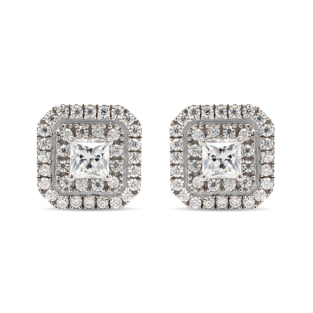 
                      
                        1 Carat Princess & Round Cut Lab Created Moissanite Diamond Double Halo Stud Earrings In 925 Sterling Silver
                      
                    