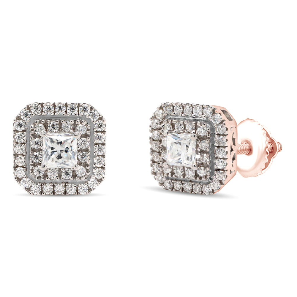 
                      
                        1 Carat Princess & Round Cut Lab Created Moissanite Diamond Double Halo Stud Earrings In 925 Sterling Silver
                      
                    