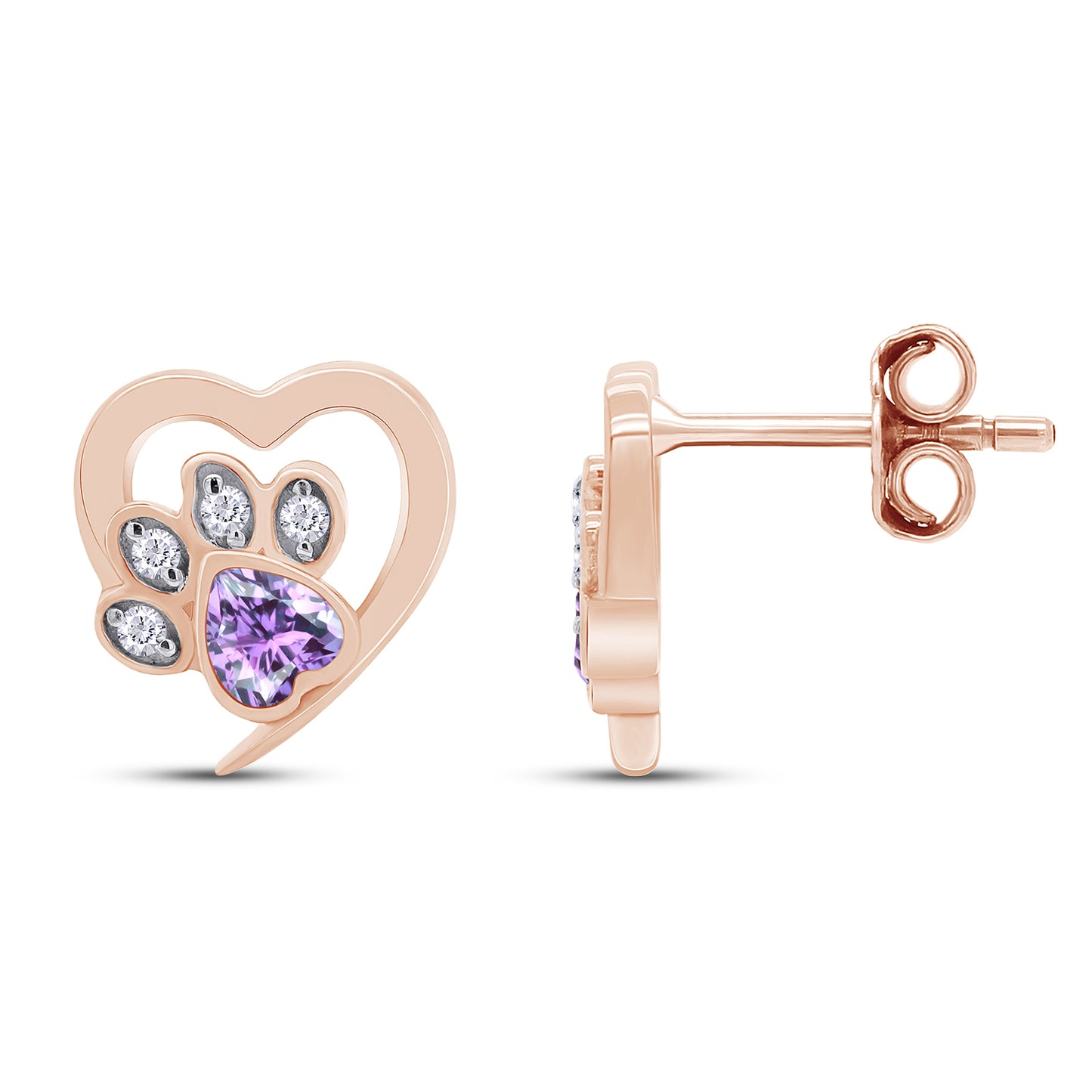 Heart & Round Cut Simulated Birthstone & White Cubic Zirconia Cat Puppy Paw Print Stud Earrings In 925 Sterling Silver