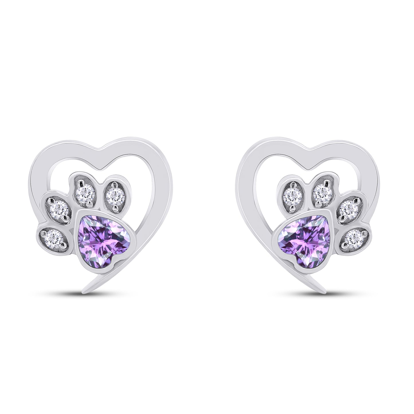 Heart & Round Cut Simulated Birthstone & White Cubic Zirconia Cat Puppy Paw Print Stud Earrings In 925 Sterling Silver