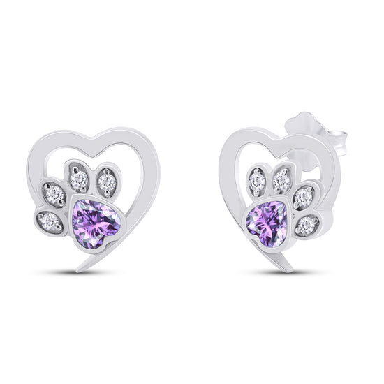 Heart & Round Cut Simulated Birthstone & White Cubic Zirconia Cat Puppy Paw Print Stud Earrings In 925 Sterling Silver