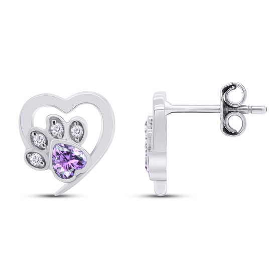 Heart & Round Cut Simulated Birthstone & White Cubic Zirconia Cat Puppy Paw Print Stud Earrings In 925 Sterling Silver