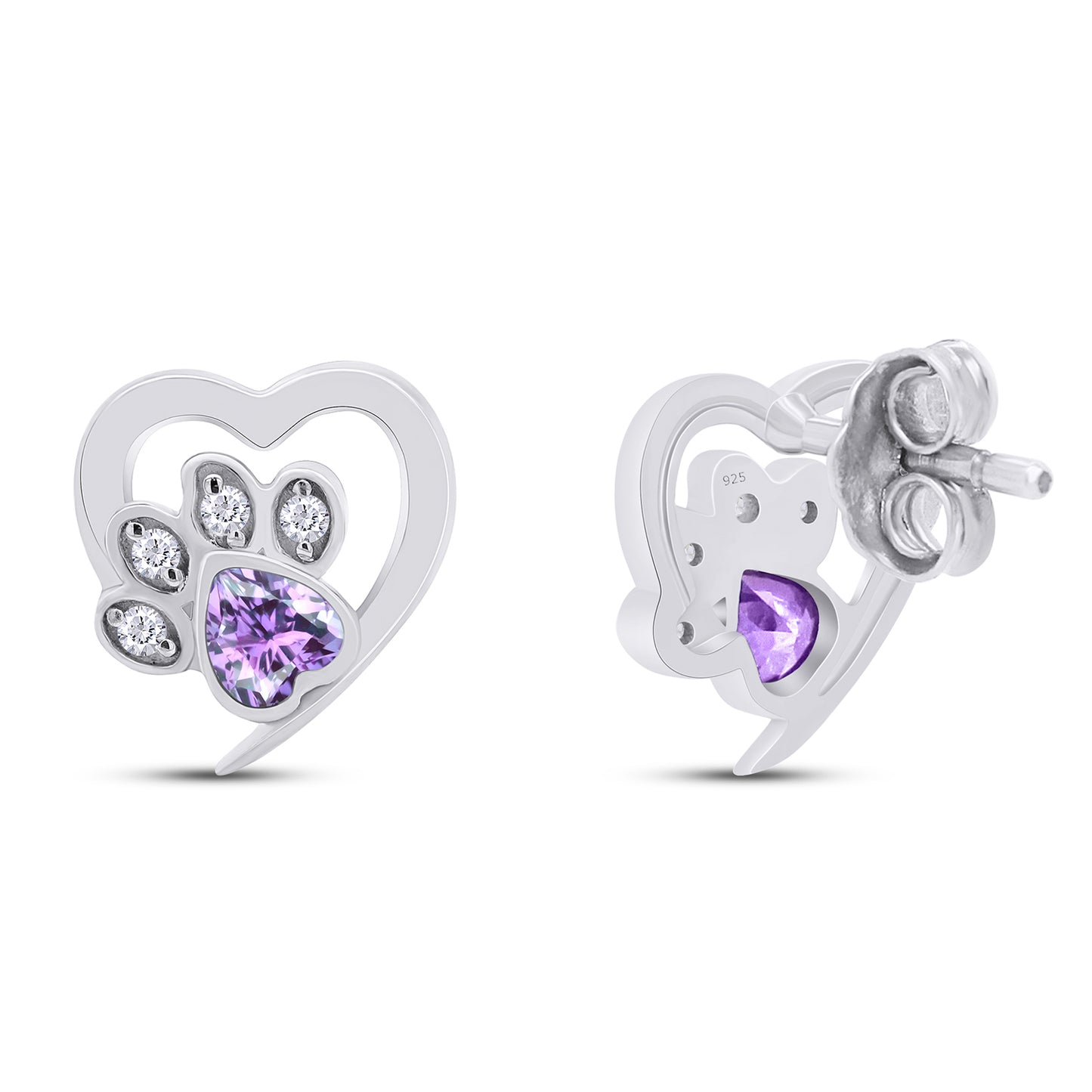 Heart & Round Cut Simulated Birthstone & White Cubic Zirconia Cat Puppy Paw Print Stud Earrings In 925 Sterling Silver