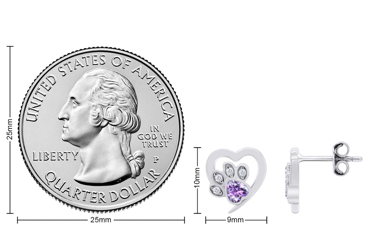 Heart & Round Cut Simulated Birthstone & White Cubic Zirconia Cat Puppy Paw Print Stud Earrings In 925 Sterling Silver