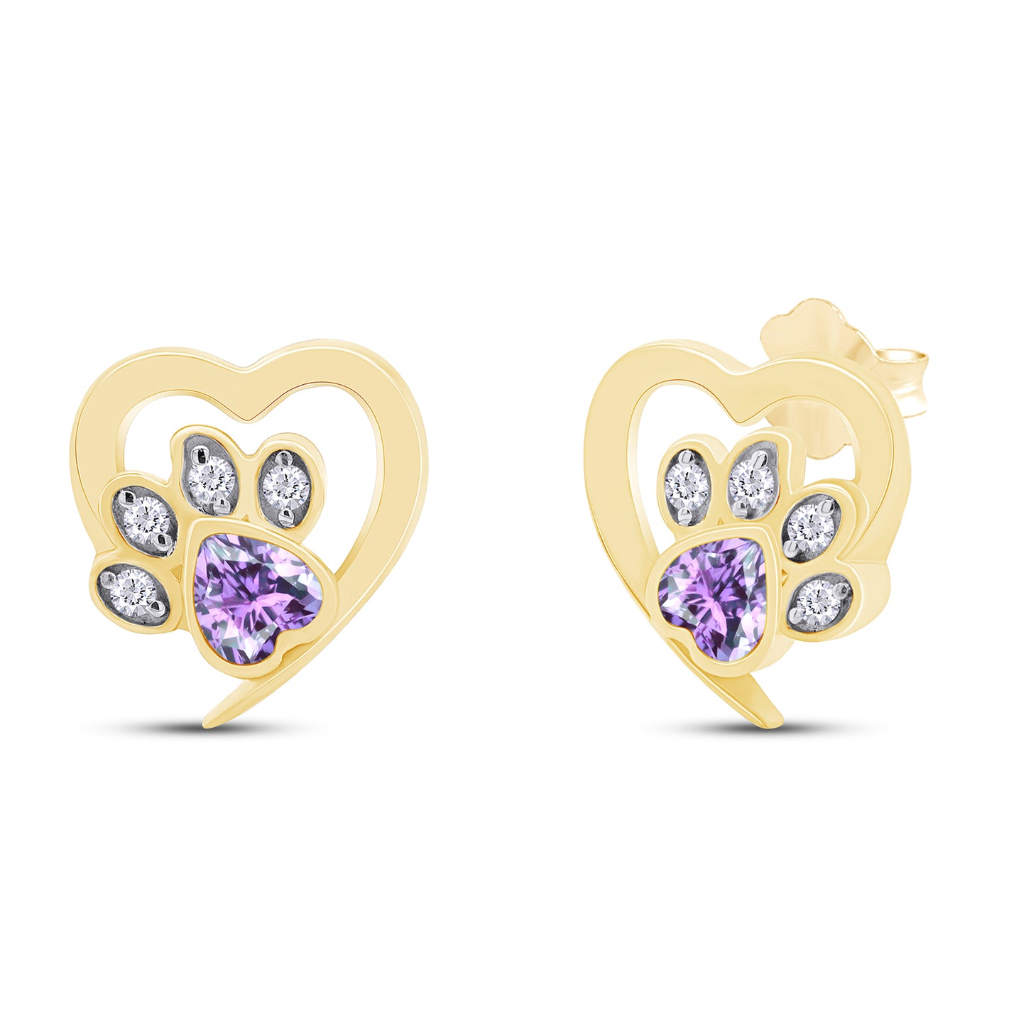 Heart & Round Cut Simulated Birthstone & White Cubic Zirconia Cat Puppy Paw Print Stud Earrings In 925 Sterling Silver