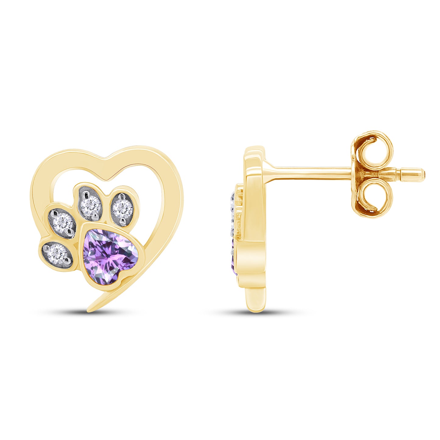 Heart & Round Cut Simulated Birthstone & White Cubic Zirconia Cat Puppy Paw Print Stud Earrings In 925 Sterling Silver