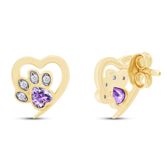 Heart & Round Cut Simulated Birthstone & White Cubic Zirconia Cat Puppy Paw Print Stud Earrings In 925 Sterling Silver