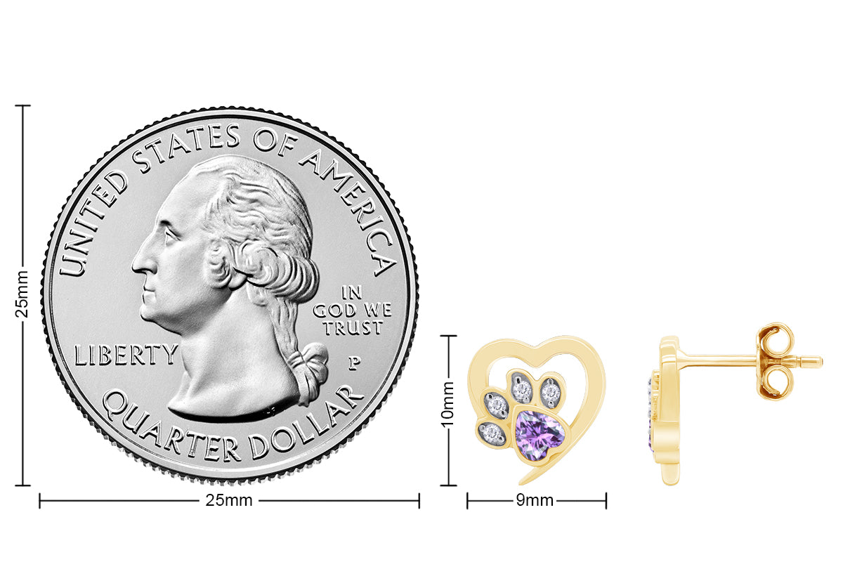 Heart & Round Cut Simulated Birthstone & White Cubic Zirconia Cat Puppy Paw Print Stud Earrings In 925 Sterling Silver
